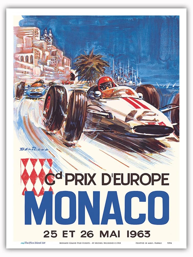 Pacifica Island Art Car Poster 9x12 In | Monaco Grand Prix Europe 1963 Vintage Poster by Michel Beligond | Made in USA | Master Wall Art Print (Unframed) for Home Decor - Image 1